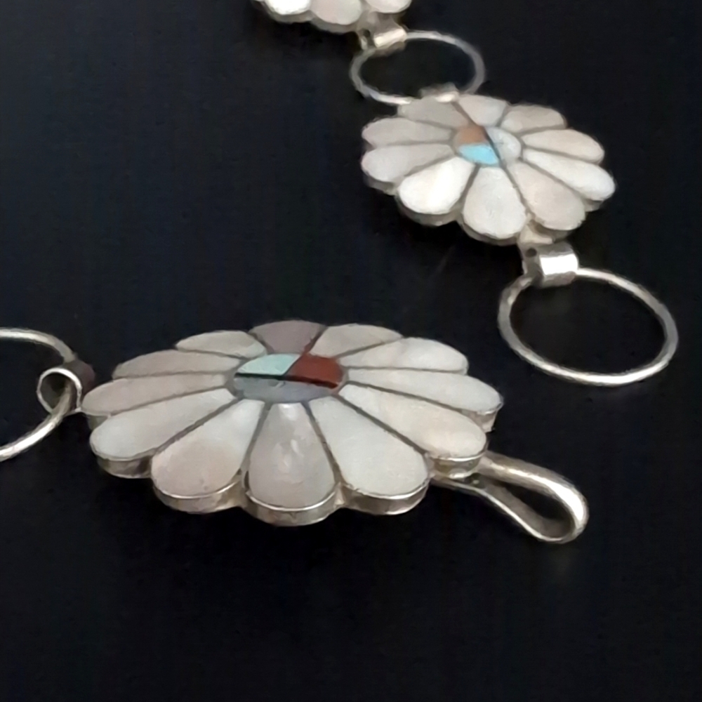 Sterling Silver Zuni Native American Sun Face MOP Turquoise Concho Belt Necklace - Picture 6 of 10